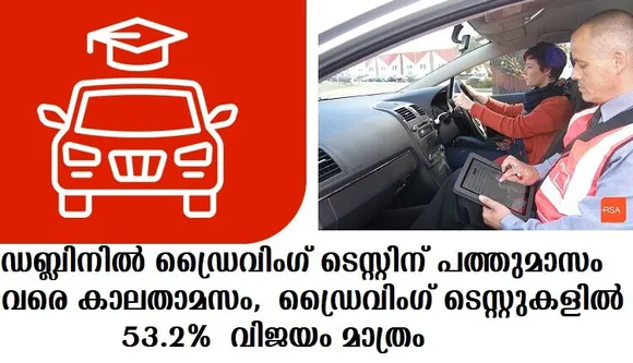 ഡബ്ലിനില്‍ ഡ്രൈവിംഗ് ടെസ്റ്റിന് പത്തുമാസം വരെ കാലതാമസം, ഡ്രൈവിംഗ് ടെസ്റ്റുകളില്‍ 53.2% വിജയം മാത്രം