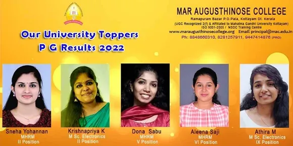 എംജി യൂണിവേഴ്സിറ്റി പിജി പരീക്ഷയിൽ രാമപുരം മാർ ആഗസ്‌തീനോസ് കോളേജ് വിദ്യാർത്ഥികൾ അഞ്ച് റാങ്കുകൾ കരസ്ഥമാക്കി