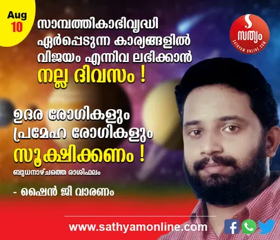 സാമ്പത്തികാഭിവൃദ്ധി, ഏര്‍പ്പെടുന്ന കാര്യങ്ങളില്‍ വിജയം എന്നിവ ലഭിക്കാന്‍ നല്ല ദിവസം. ഉദര രോഗികളും പ്രമേഹ രോഗികളും സൂക്ഷിക്കണം. മാറാരോഗികളും ഭവനരഹിതരും ഈശ്വരധ്യാനം ചെയ്യുന്നത് ഗുണകരമാകും - ശംഖ് രാശി പ്രകാരം ബുധനാഴ്ച നിങ്ങള്‍ക്കിങ്ങനെ