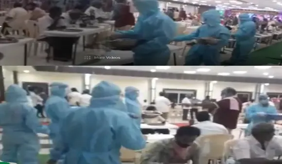 ഭക്ഷണം വിളമ്പാന്‍ പിപിഇ കിറ്റും ധരിച്ചെത്തിയ കാറ്ററിങ് തൊഴിലാളികള്‍; സാമൂഹിക അകലം പാലിച്ചുകൊണ്ട് നിരത്തിയ ഊണുമേശകള്‍;  കടുത്ത ജാഗ്രതയോടെ കല്യാണം!;വീഡിയോ വൈറല്‍