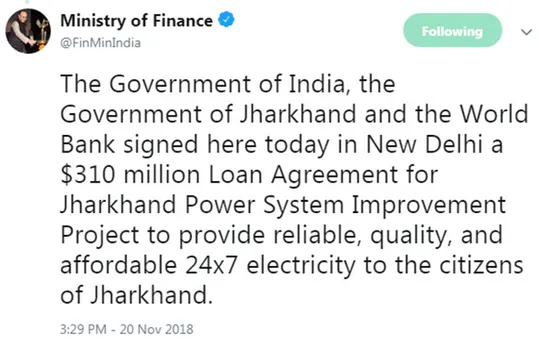 World Bank signs agreement with Jharkhand and Central government for a $310 million loan