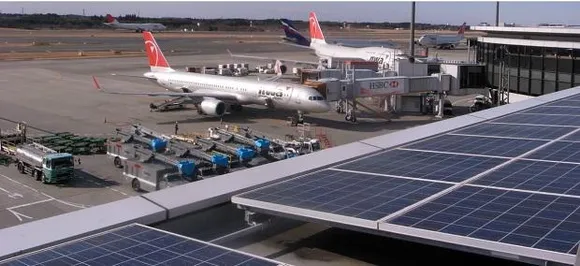 Solar panels at the Narita Airport in Japan. Representative image. Airports that harness solar energy face a challenge as glare from solar panels can cause flash blindness and obstruct view for the pilots. Photo by Takashi M/Flickr.