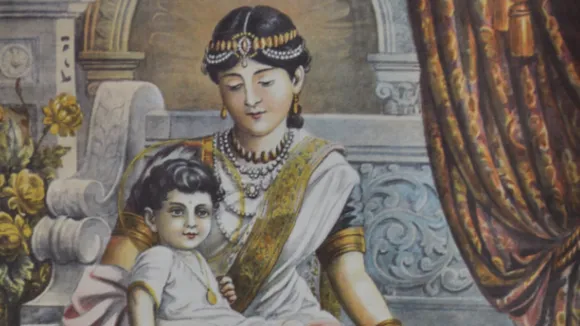 Prince Siddhartha with his foster mother Mahaprajapati. A 1910 painting by Maligawage Sarlis. Photo by MediaJet, 2009 via Wikimedia Commons