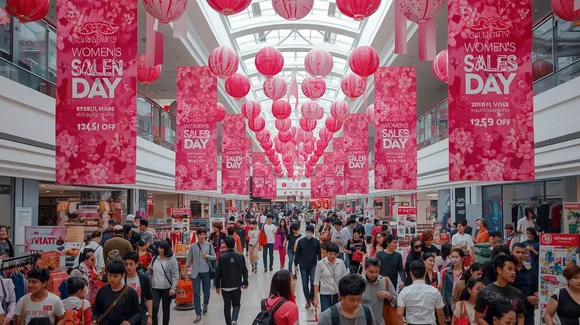 create image of a shopping mall with womens day sale banners, pink posters