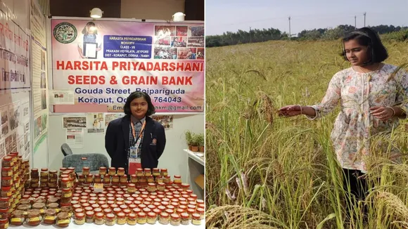Niroj Ranjan Misra,Harshita Priyadarshini Mohanty with some of her native seeds at an exhibition (left) and at a paddy farm (right)