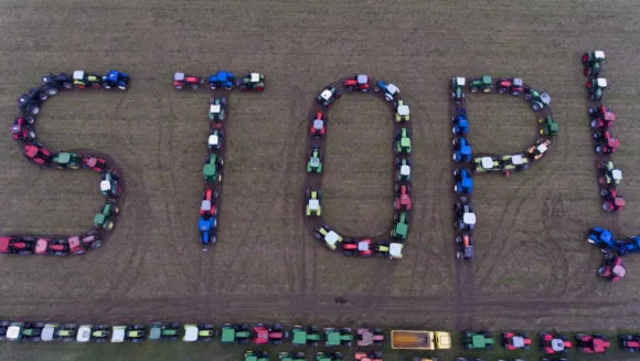 Aerial View of Convoy of tractors for farmer's protests
