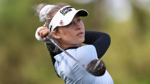 Elsa/Getty Images,Nelly Korda plays her shot from the 18th tee during the first round of the Cognizant Founders Cup.
