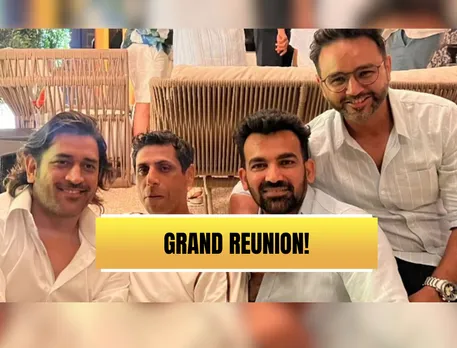 MS Dhoni with his former Indian teammates (Source: X)