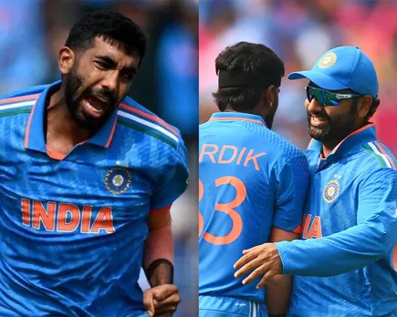 Jasprit Bumrah (left), Hardik Pandya & Rohit Sharma (right)