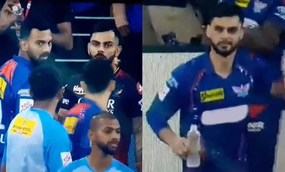 Naveen-ul-Haq, KL Rahul, and Virat Kohli during LSG vs RCB, IPL 2023