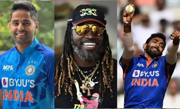 Suryakumar Yadav, Chris Gayle and Jasprit Bumrah (Source - Twitter)
