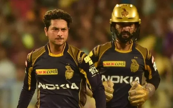 Kolkata Knight Riders’ Kuldeep Yadav celebrates fall of a wicket. (Photo by Kuntal Chakrabarty/IANS)