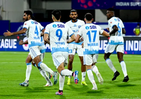 Bhubaneswar: Players in action during the ISL match between Odisha FC and Jamshedpur FC