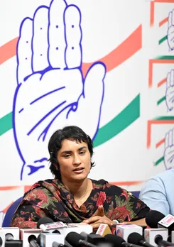 Pune: Congress MLA Vinesh Phogat during a press conference for the Maharashtra Assembly elections at Congress Bhavan Pune