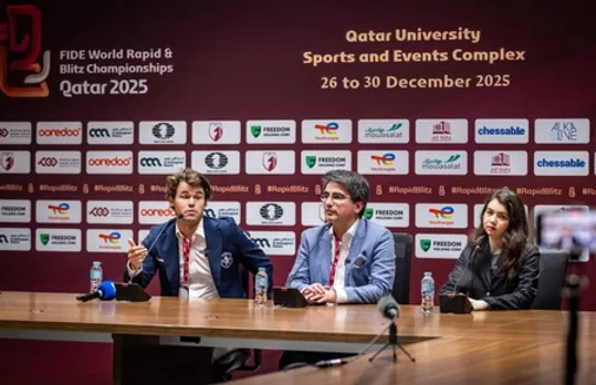 Arjun Erigaisi and Koneru Humpy claim bronze medals as Magnus Carlsen and Alexandra Goryachkina bag men's and women's titles in 2025 FIDE World Rapid & Women’s World Rapid Championships in Doha, Qatar, on Sunday. Photo credit: FIDE