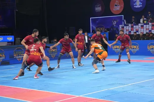 Sangam Challengers overcome Kanpur Warriors' fightback, climb to second place in the standings in Season 2 of the Uttar Pradesh Kabaddi League (UPKL) in Noida on Monday. Photo credit: UPKL