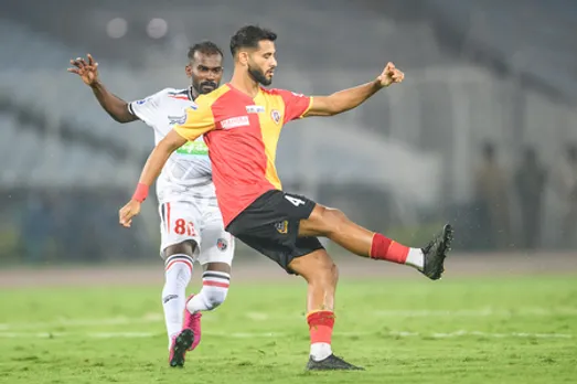 Youssef Ezzejjari’s brace of goals helps East Bengal SC overcome NorthEast United FC in Match 5 of the Indian Super League (ISL) 2025-26 at the Vivekananda Yuba Bharati Krirangan in Kolkata on Monday. Photo credit: AIFF
