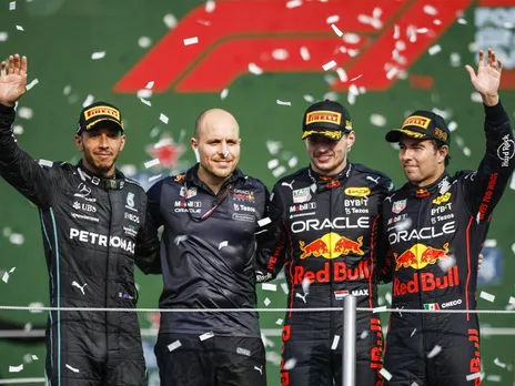 Max Verstappen with others on podium