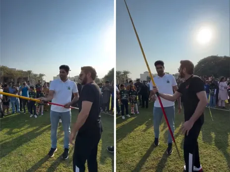 WATCH: Olympic Gold Medalist Arshad Nadeem teaches Shahid Afridi to throw Javelin