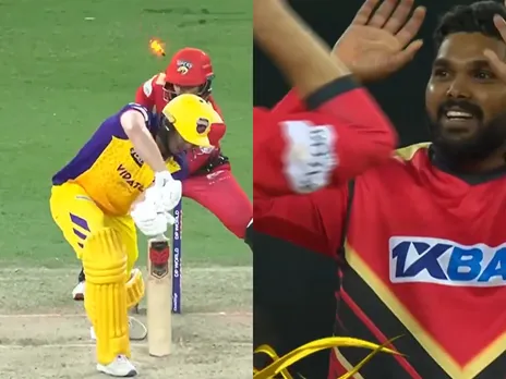 Wanindu Hasaranga dismisses Luke Wells during ILT20 tournament