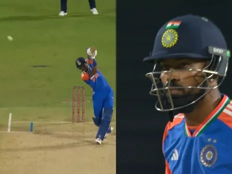 Hardik Pandya smashes Saqib Mahmood for huge six