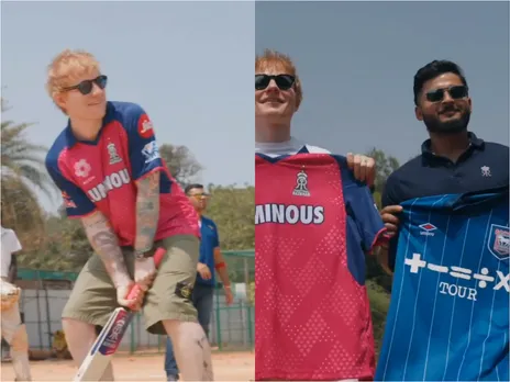 Ed Sheeran plays cricket with Rajasthan Royals stars Riyan Parag and Tushar Deshpande