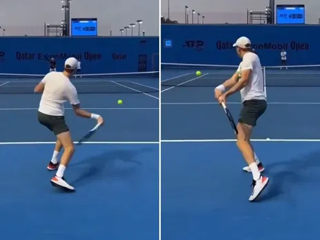 Jannik Sinner having his first hit in Doha