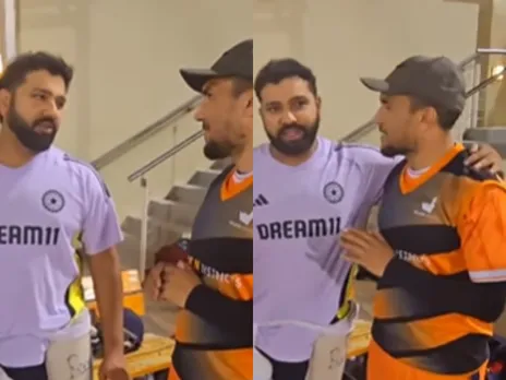 Rohit Sharma in conversation with Pakistan net bowler Awais Khan