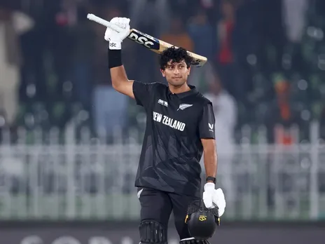 New Zealand's Rachin Ravindra celebrates his century in the Champions Trophy 2025 game against Bangladesh - Rawalpindi (File Photo: X)