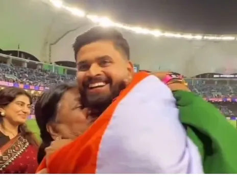 Shreyas Iyer hugs his mother after CT2025 final