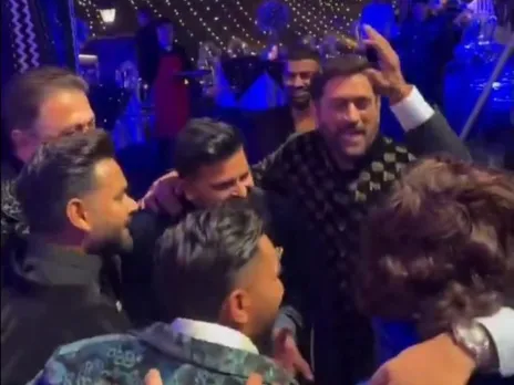 MS Dhoni and Suresh Raina dancing with Rishabh Pant