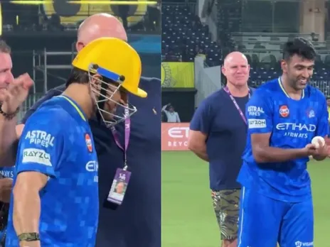 Matthew Hayden with MS Dhoni and R Ashwin