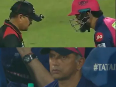 Riyan Parag argues with on-field umpire  during regulation Test of his bat
