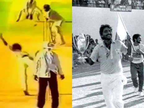 Javed Miandad celebrates Pakistan's win after his historic last-ball six