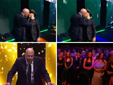 WATCH: Triple H kisses Shawn Michaels, gets emotional during his WWE Hall of Fame induction