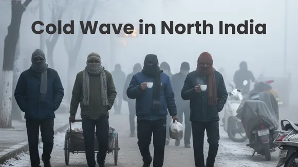 People walk through dense fog and extreme cold during a severe cold wave in North India as temperatures drop below freezing in Delhi and NCR.