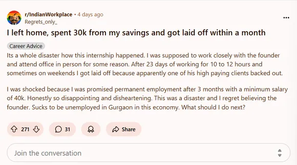 'Regret believing the founder': Intern spends ₹30k from savings to join Gurugram startup, fired within 23 days