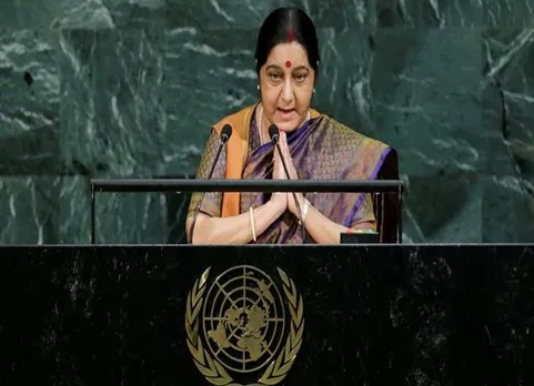 Indian External Affairs Minister Swaraj addresses the 72nd United Nations General Assembly at U.N. headquarters in New York, IITs, IIMs, Lashkar, Sushma Swaraj, Pakistan,