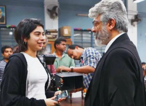 khushi kapoor with ajith kumar on nerkonda paarvai sets