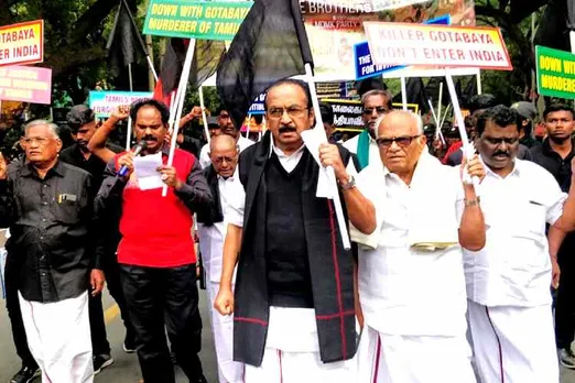 Vaiko demonstrates in Delhi, MDMK Chief Vaiko protest in Delhi, இலங்கை அதிபர் கோத்தபய ராஜபக்ச வருகைக்கு எதிர்ப்பு, கோத்தபய ராஜபக்ச வருகையை எதிர்த்து வைகோ டெல்லியில் ஆர்ப்பாட்டம், MDMK members protest in Delhi, Vaiko protest against Sri Lankan President's visit, ராஜபக்ச வருகையை எதிர்த்து மதிமுகவினர் ஆர்ப்பாட்டம்,Vaiko arrest in Delhi, opposed to Sri Lankan President's visit to india