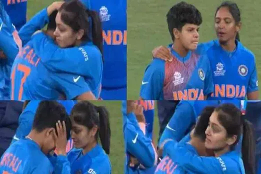 shafali verma, shafali verma crying, ஷஃபாலி வெர்மா, கதறி அழுத ஷஃபாலி வெர்மா, மகளிர் டி20 உலகக் கோப்பை இறுதிப் போட்டியில் இந்தியா தோல்வி, shafali verma emotional, harmanpreet kaur, harleen deol, harleen deol consoling shafali verma, ஆஸ்திரேலிய அணி வெற்றி, women's t20 world cup final, india women vs australia women, shafali verma world cup, sports news, Tamil indian express