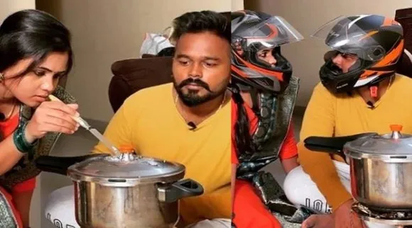 VJ Manimegalai helmet Cooking with her husband