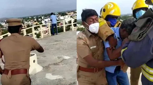 fire service rescued a suicide attempt person, Palayamkottai fire service officers rescued, viral vidieo, பாளையங்கோட்டை, தற்கொலைக்கு முயன்ற நபரைக் காப்பாற்றிய தீயணைப்பு படை வீரர்கள், தீயணைப்பு படையினர், Palayamkottai, a suicide attempt person saved by fire service officials, rescue viral video, tamil nadu, Tirunelveli