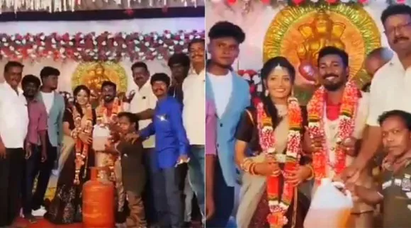 newlyweds receives gas cylinder petrol gift, chennai, tamil nadu, bride groom receives petrol gas gift, மணமக்களுக்கு கேஸ் பரிசு, மணமக்களுக்கு பெட்ரோல் பரிசு, வைரல் வீடியோ, தமிழ்நாடு, சென்னை, petrol price hike, lpg gas cylinder price hike, viral video, petrol gas wedding gift video