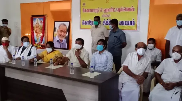 dmk ministers participate in rss wing sewa bharathi, dmk ministers in sewa bharathi function, ஆர்எஸ்எஸ், சேவா பாரதி, ஆர் எஸ் எஸ் அமைப்பு சேவா பாரதி நிகழ்ச்சியி திமுக அமைச்சர்கள், முபெ சுவாமிநாதன், அமைசர் கயல்விழி, sewa bharathi covid 19 care Centre opening function, dmk ministers m p swaminathan, dmk mla selvaraj, minister kayalvizhi, கோவிட் 19 கேர் செண்டர், திருப்பூர், sewa bharathi, rss, rss organization