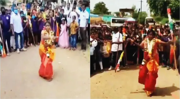 bride perfomed martial arts, bride perfomed silambam and surulvaal, சிலம்பம் சுற்றிய மணமகள், மணக்கோலத்தில் சிலம்பம் ஆடிய மணமகள், வைரல் வீடியோ, bride perfomed martial arts at her wedding in tuticorin, viral video, tamil viral news, tamil viral video news