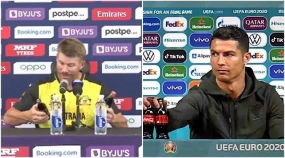 T20 World Cup news in tamil: Warner does a Ronaldo, removes coca cola bottles during press conference