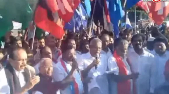 vck rally, Social Harmony Human Chain Rally, VCK, Thirumavalavan, DMK alliance Leaders Participates, விசிக, திருமாவளவன், சமூக நல்லிணக்க மனிதச் சங்கிலி பேரணி, சென்னை, வேல்முருகன், வைகோ, ஜவாஹிருல்லா, முத்தரசன், பாலகிருஷ்ணன், K Balakrishnan, Muththarasan, Vaiko, Velmurugan