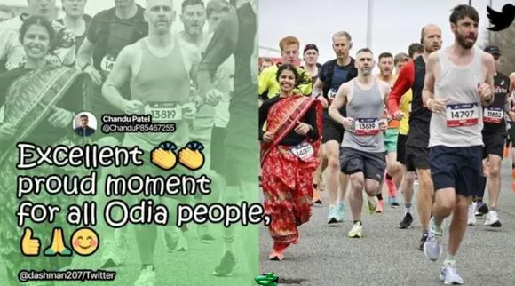Marathon in a saree, manchester marathon 2023 best pictures, மான்செஸ்டர் மராத்தான் 2023, மான்செஸ்டர் மராத்தானில் சேலை அணிந்து 42 கி.மீ ஓடிய ஒடியா வம்சாவளிப் பெண், odia woman completes marathon in a saree, indian express