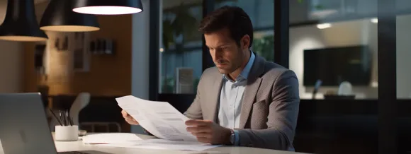 A man sitting at a desk, going over proposals